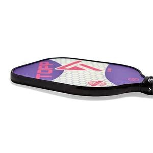 Side view of a purple TOPP pickleball paddle with pink graphics and a hexagonal pattern.