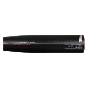 Side view of a black baseball bat with SPEED in red and certification details.