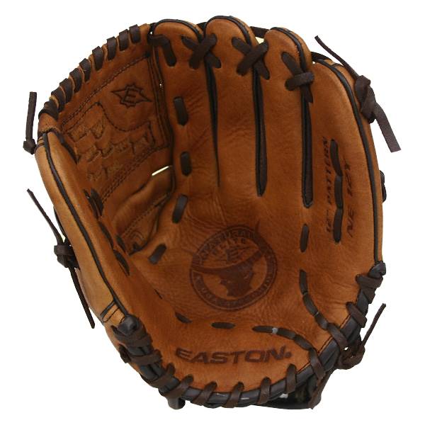 Top-down view of a brown Easton baseball glove with a circular logo and EASTON text.