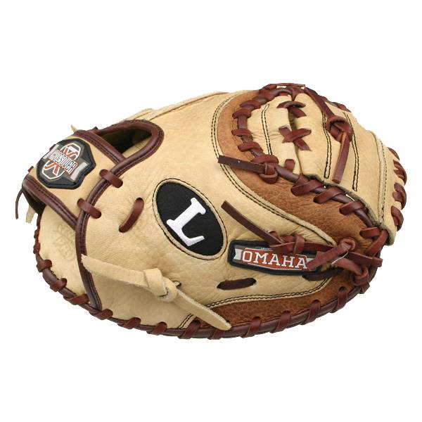 Top-down view of a tan and brown catchers mitt with L and OMAHA branding.