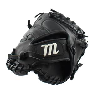 Corner view of a black catchers mitt with a white m logo and visible lacing.