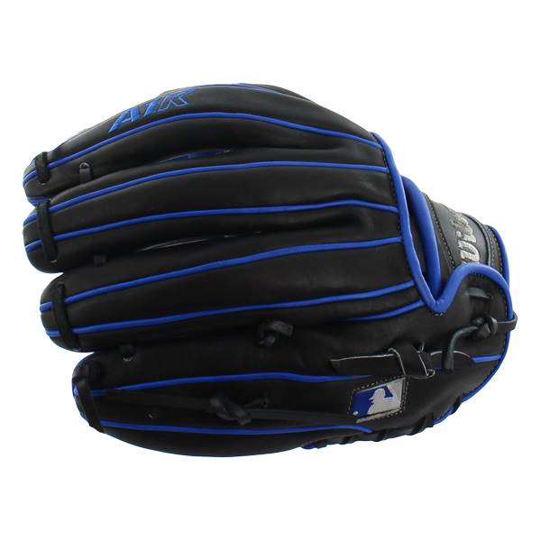 Side view of a black baseball glove with blue lacing and an MLB logo.