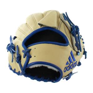 Front view of a tan and blue baseball glove with Adidas branding and blue lacing.