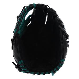 Inside view of a black baseball glove with teal lacing and a deep pocket.
