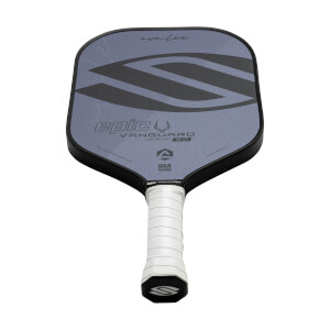 Front view of a gray pickleball paddle with black accents, epic VANGUARD LIGHTWEIGHT 2.0 text, and a white grip.