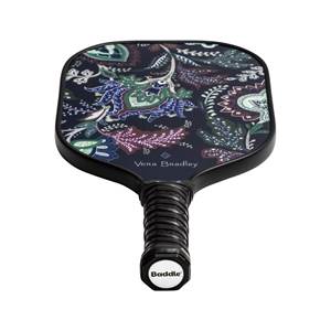 Top-down view of a dark blue pickleball paddle with a floral paisley pattern and Vera Bradley text.
