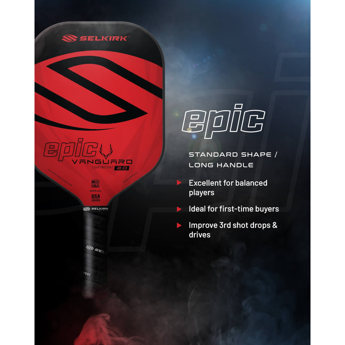 Front view of a red and black pickleball paddle with epic VANGUARD 2.0 text and a large S graphic.