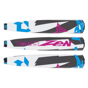 Three side views of a white, black, blue, and pink baseball bat with ZEN text, geometric patterns, and a D logo.