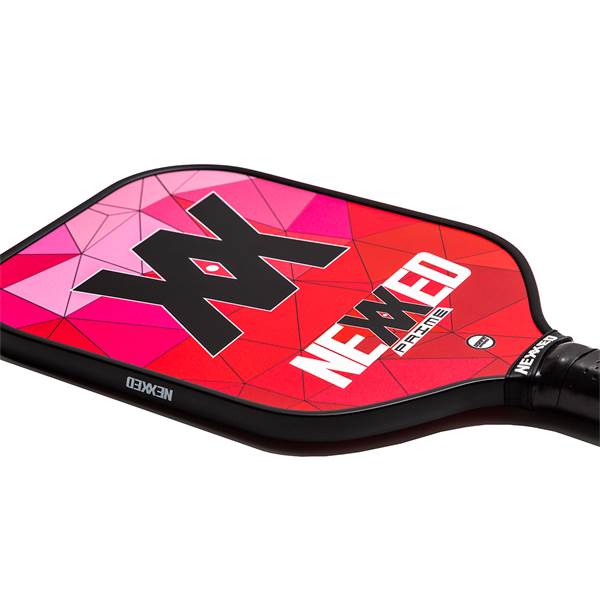 Top-down view of a red pickleball paddle with a black XX logo and NEXXED PRIME text.