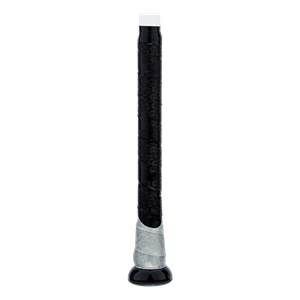 Close-up of a black baseball bat grip with white end cap and silver patterned knob.