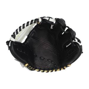 Interior view of a black baseball glove with white lacing and gold accents.