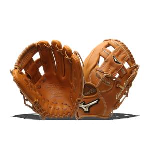 Front view of a brown baseball glove with Global Elite and Mizuno logo.