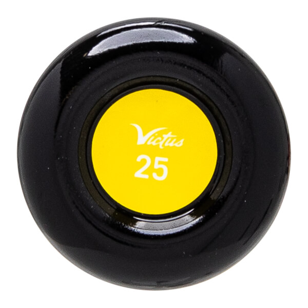 Top-down view of a black baseball bat end cap with a yellow circle featuring Victus and 25.