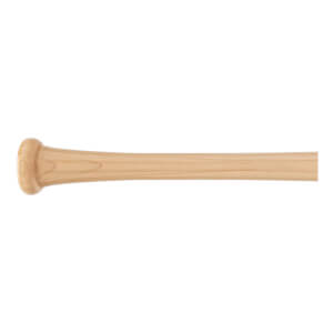 Handle view of natural wood baseball bat with a flared knob and distinct wood grain.