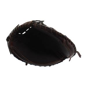Top-down view of a brown catchers mitt with stitched lacing and a deep pocket.