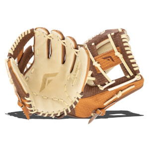Top-down view of a baseball glove with a tan palm, brown textured back, and cream lacing.