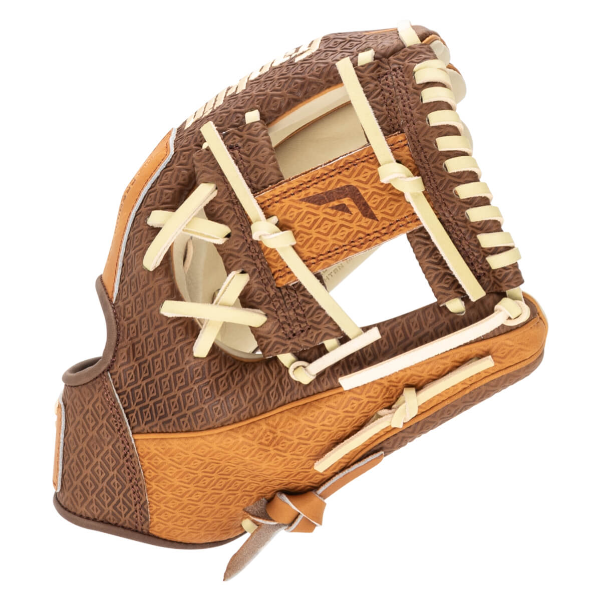 Side view of a brown and tan baseball glove with a diamond pattern and a visible "F" logo.