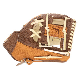 Top-down view of a brown baseball glove with tan lacing and a diamond pattern.
