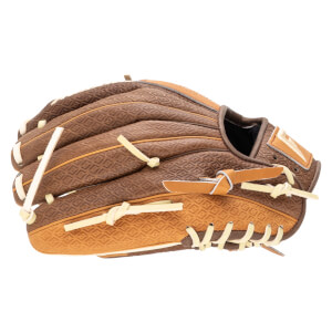 Side view of a brown baseball glove with a diamond pattern, tan lacing, and a white logo.