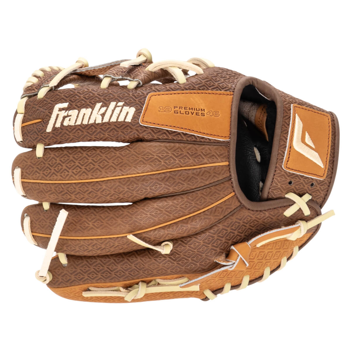 Top-down view of a brown baseball glove with a diamond pattern, featuring the "Franklin" logo and "19 PREMIUM GLOVES 46" text.