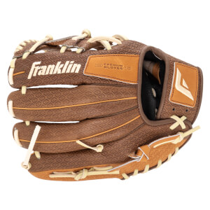 Top-down view of a brown baseball glove with a diamond pattern, featuring the "Franklin" logo and "19 PREMIUM GLOVES 46" text.