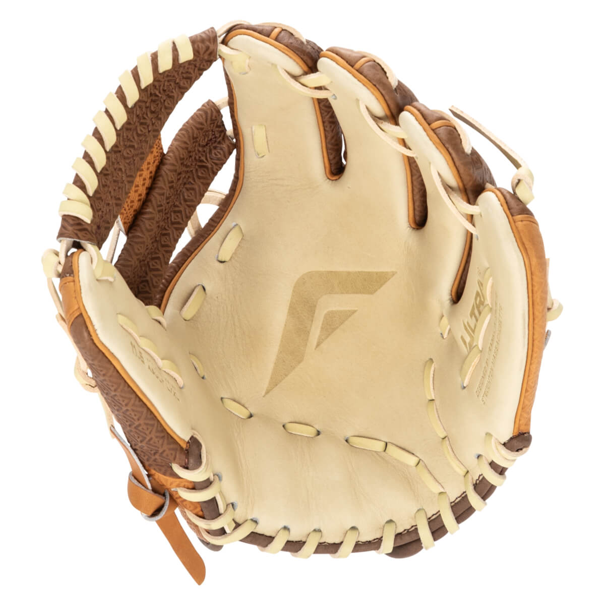 Top-down view of a baseball glove with a large "F" logo, tan palm, and brown textured accents.