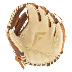 Top-down view of a baseball glove with a large "F" logo, tan palm, and brown textured accents.