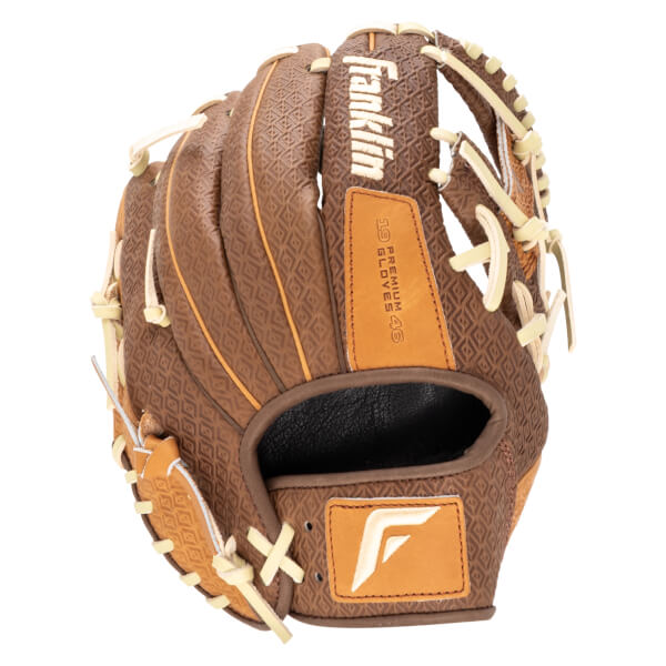 Front view of a brown Franklin baseball glove with a diamond pattern, "Franklin" logo, and "19 PREMIUM GLOVES 40" text.
