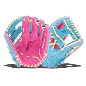 Front view of a pink and blue baseball glove with yellow lacing and a diamond pattern on the blue sections.