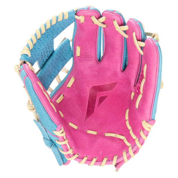 Top-down view of a pink and blue baseball glove with yellow lacing and a cutout logo.
