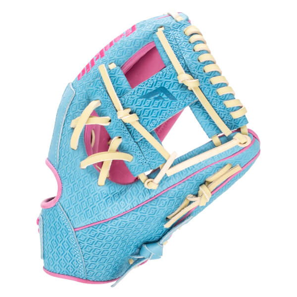 Front view of a blue baseball glove with pink accents, yellow lacing, and a diamond pattern.