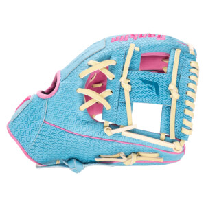 Side view of a blue baseball glove with pink trim, yellow laces, and a diamond pattern.