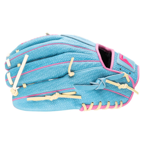 Side view of a blue baseball glove with pink trim and a pink logo.
