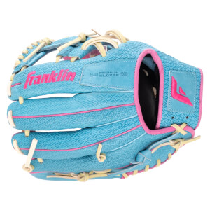 Front view of a blue baseball glove with pink "Franklin" logo and diamond pattern.