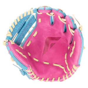Top-down view of a pink and blue baseball glove with a "F" logo and "11.5 ADULT L/XL" text.