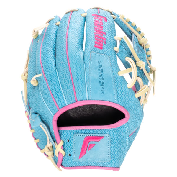 Front view of a light blue baseball glove with pink trim, a "Franklin" logo, and a diamond pattern.
