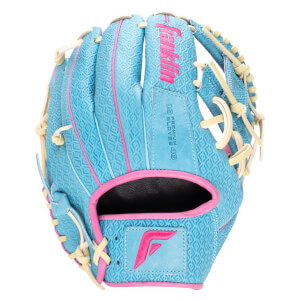 Front view of a light blue baseball glove with pink trim, a "Franklin" logo, and a diamond pattern.