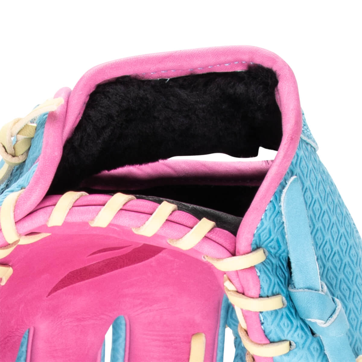 Close-up of a pink and blue baseball glove with yellow lacing and a textured blue exterior.