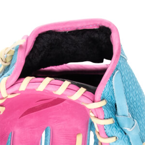 Close-up of a pink and blue baseball glove with yellow lacing and a textured blue exterior.