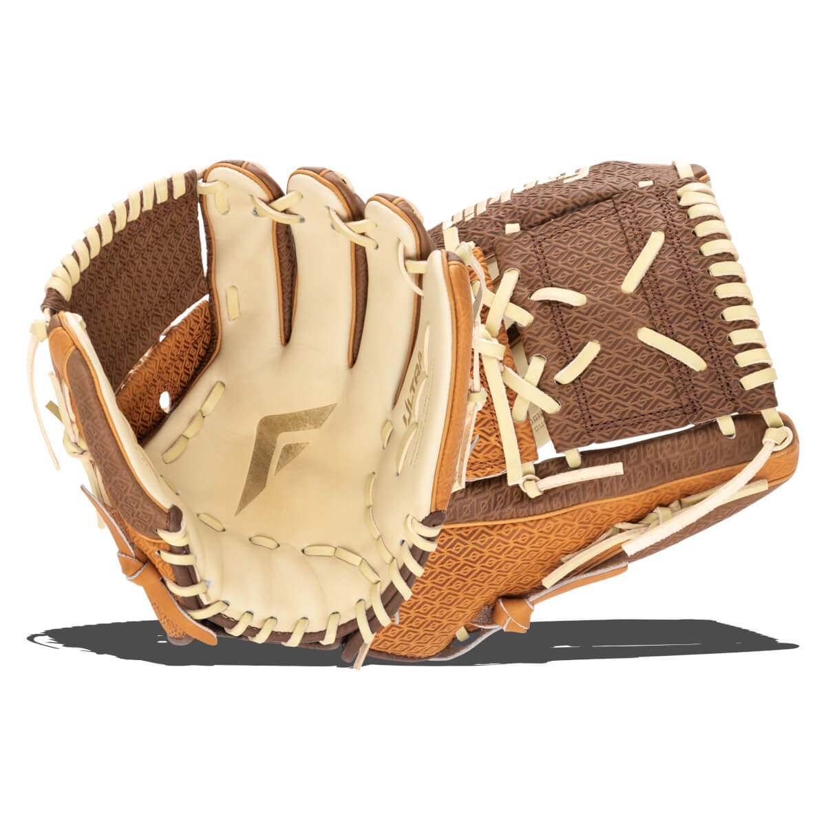 Open view of a brown and tan baseball glove with a diamond pattern and visible "ULTRA" text.