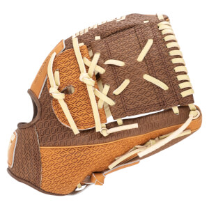 Side view of a brown baseball glove with a diamond pattern and tan lacing.