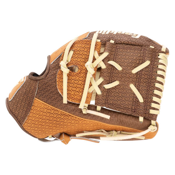 Side view of a brown baseball glove with tan lacing and a diamond pattern.
