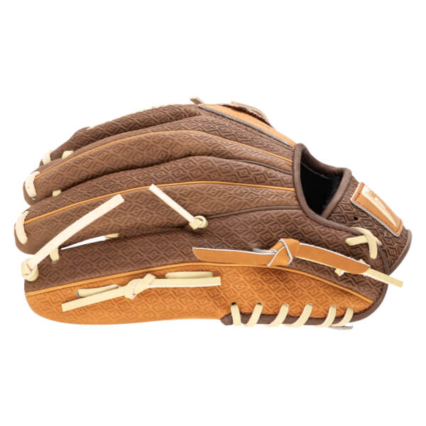 Side view of a brown baseball glove with a diamond pattern and cream lacing.
