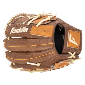 Side view of a brown Franklin baseball glove with a diamond pattern, tan lacing, and "Franklin" logo.