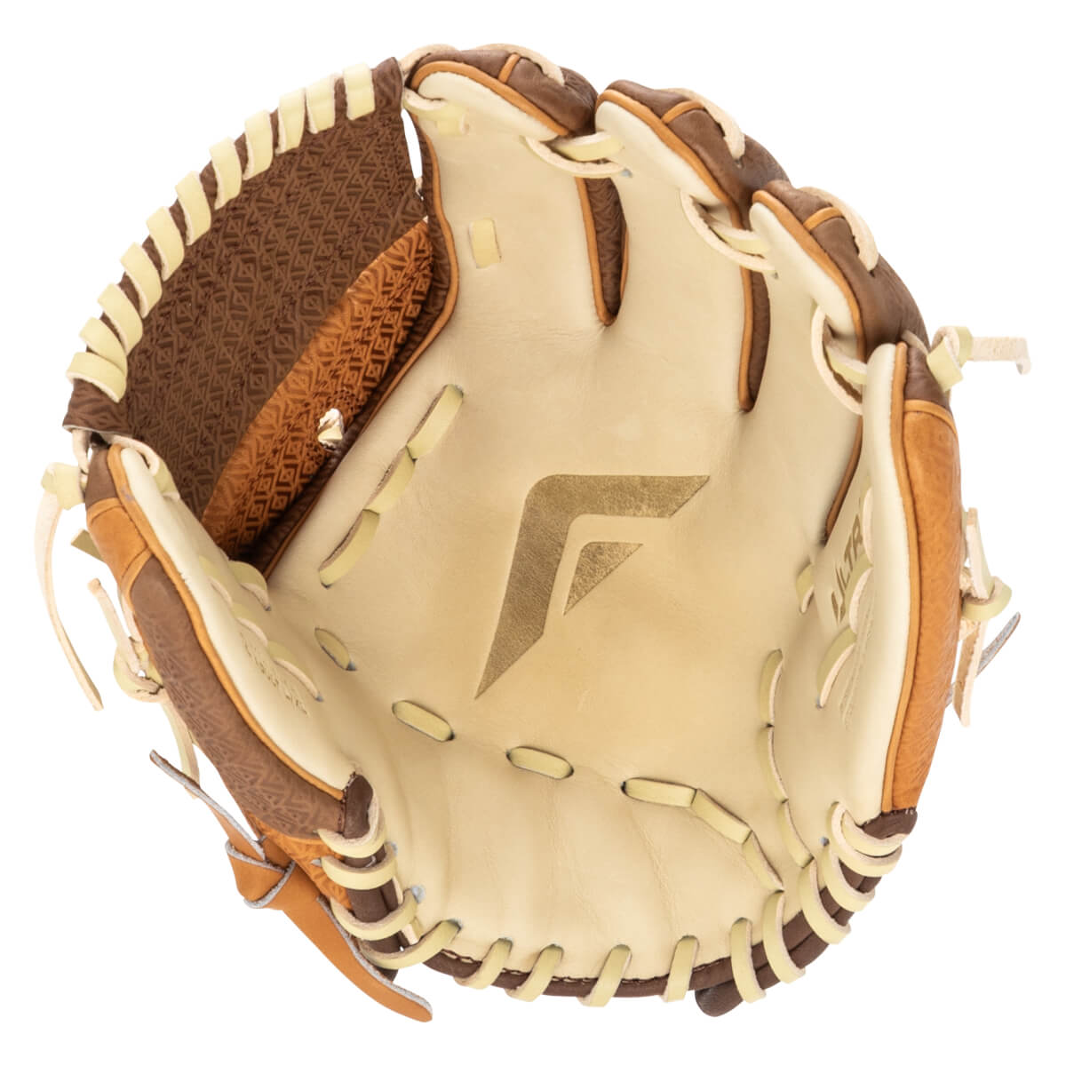 Top-down view of an open baseball glove with a tan palm, brown finger stalls, and a geometric pattern on the inner lining.