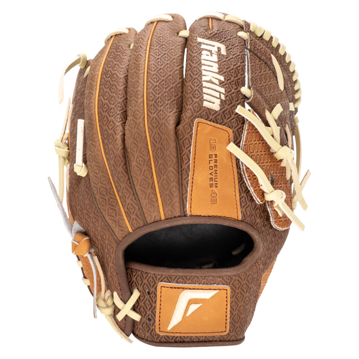 Front view of a brown baseball glove with a diamond pattern, featuring the "Franklin" logo and "19 PREMIUM GLOVE 46" text.
