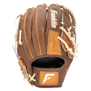 Front view of a brown baseball glove with a diamond pattern, featuring the "Franklin" logo and "19 PREMIUM GLOVE 46" text.