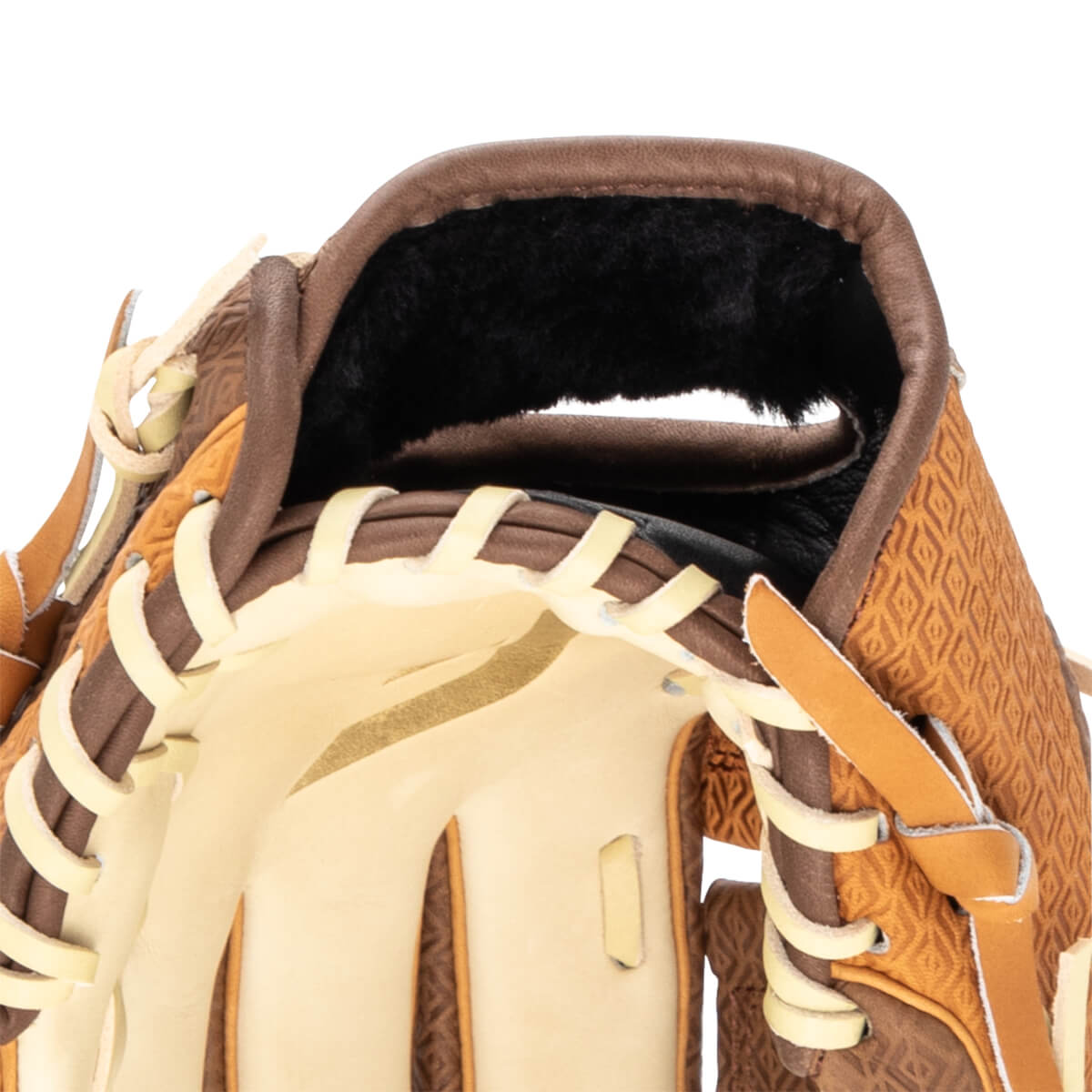 Close-up of the opening of a baseball glove, showing tan lacing, brown leather, and a black interior lining.
