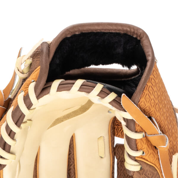 Close-up of the opening of a baseball glove, showing tan lacing, brown leather, and a black interior lining.