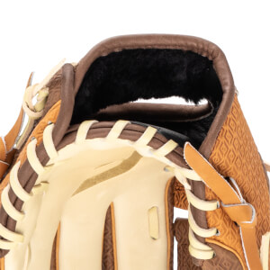 Close-up of the opening of a baseball glove, showing tan lacing, brown leather, and a black interior lining.